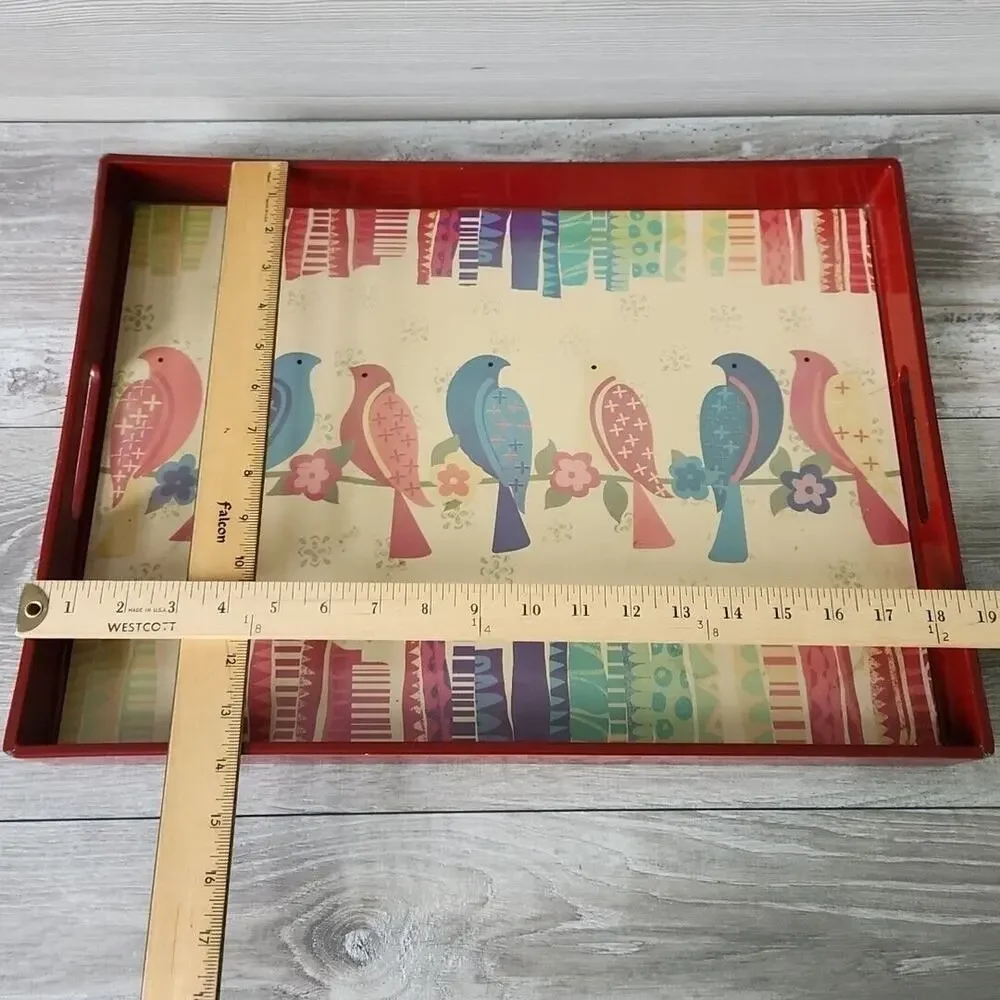 Pier 1 Imports Red Wood Table Tray Accent Bird on‎ a wire Pattern 18
